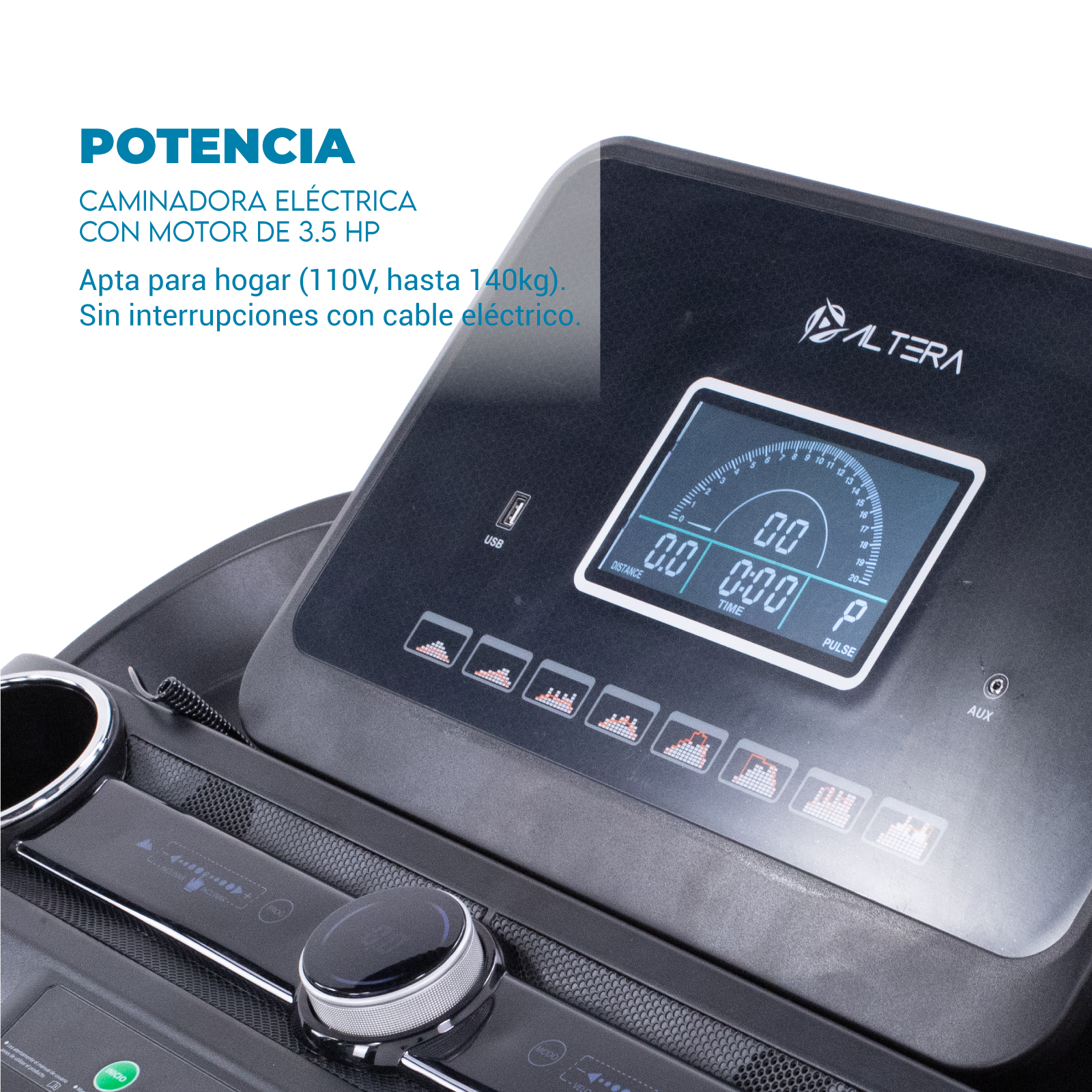Altera Caminadora eléctrica | 4 HP | 12 programas de ejercicio. | 1 a 20 Km/h | bluetooth y App móvil | Plegable