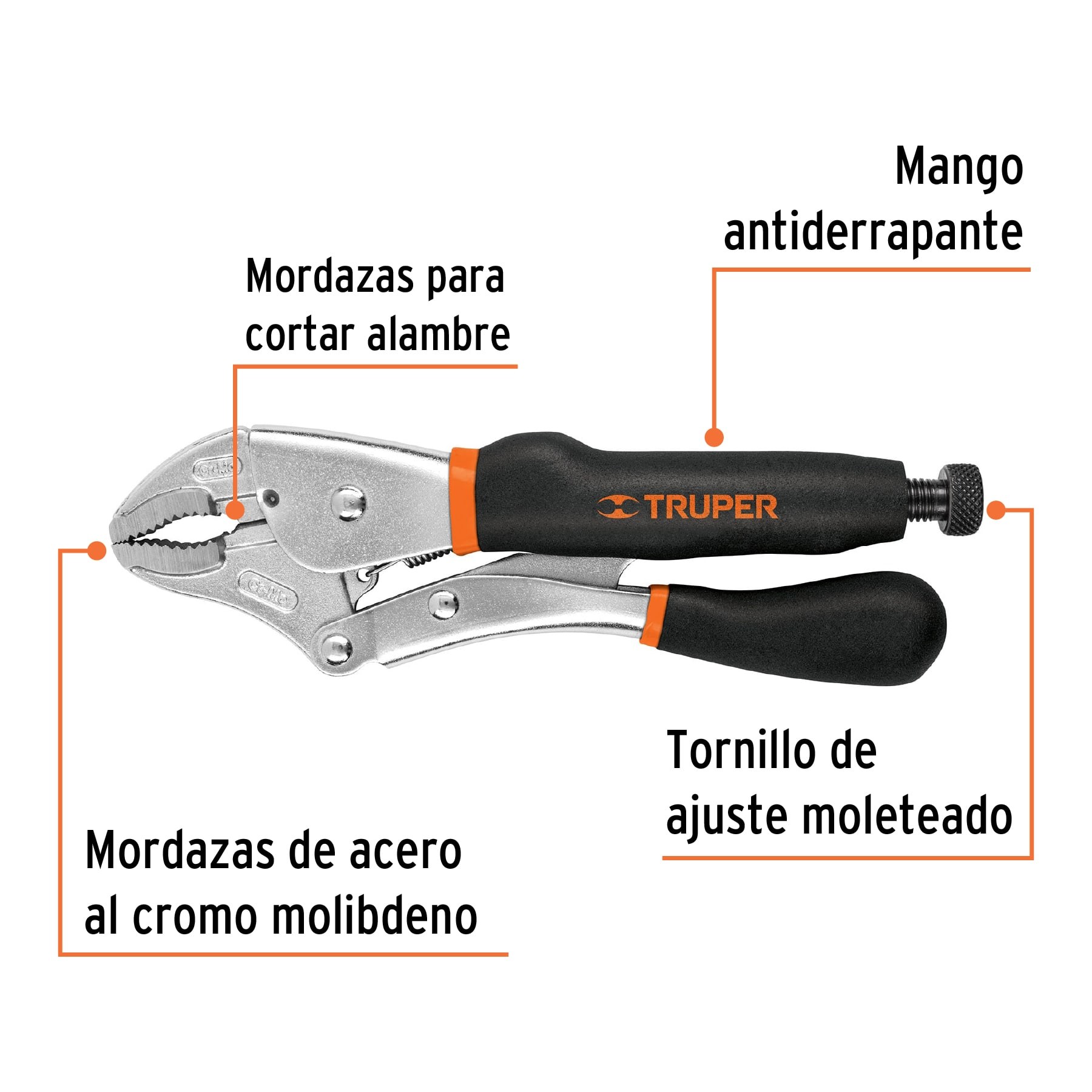 PINZA DE PRESIÓN 10" MORDAZA CURVA MANGO DE VINIL, TRUPER 17436