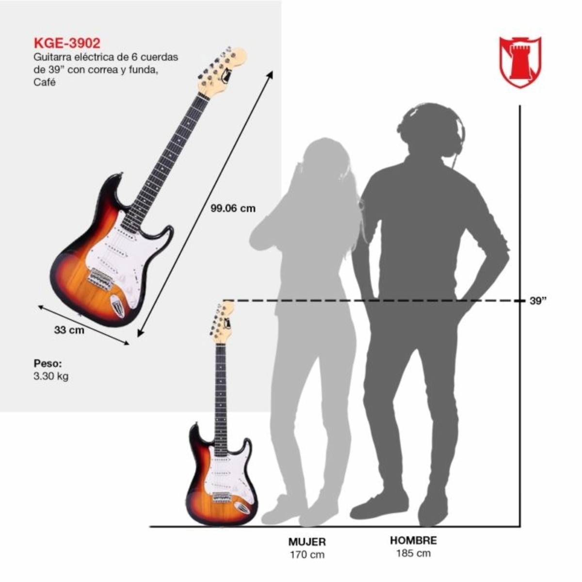 GUITARRA ELÉCTRICA KAISER KGE-3902 STRATOCASTER 6 CUERDAS DE 39" CAFÉ/NEGRO ENDY4