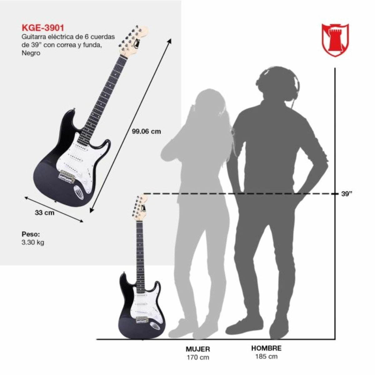 GUITARRA ELÉCTRICA KAISER KGE-3901 STRATOCASTER 6 CUERDAS DE 39" NEGRO/BLANCO ENDY4