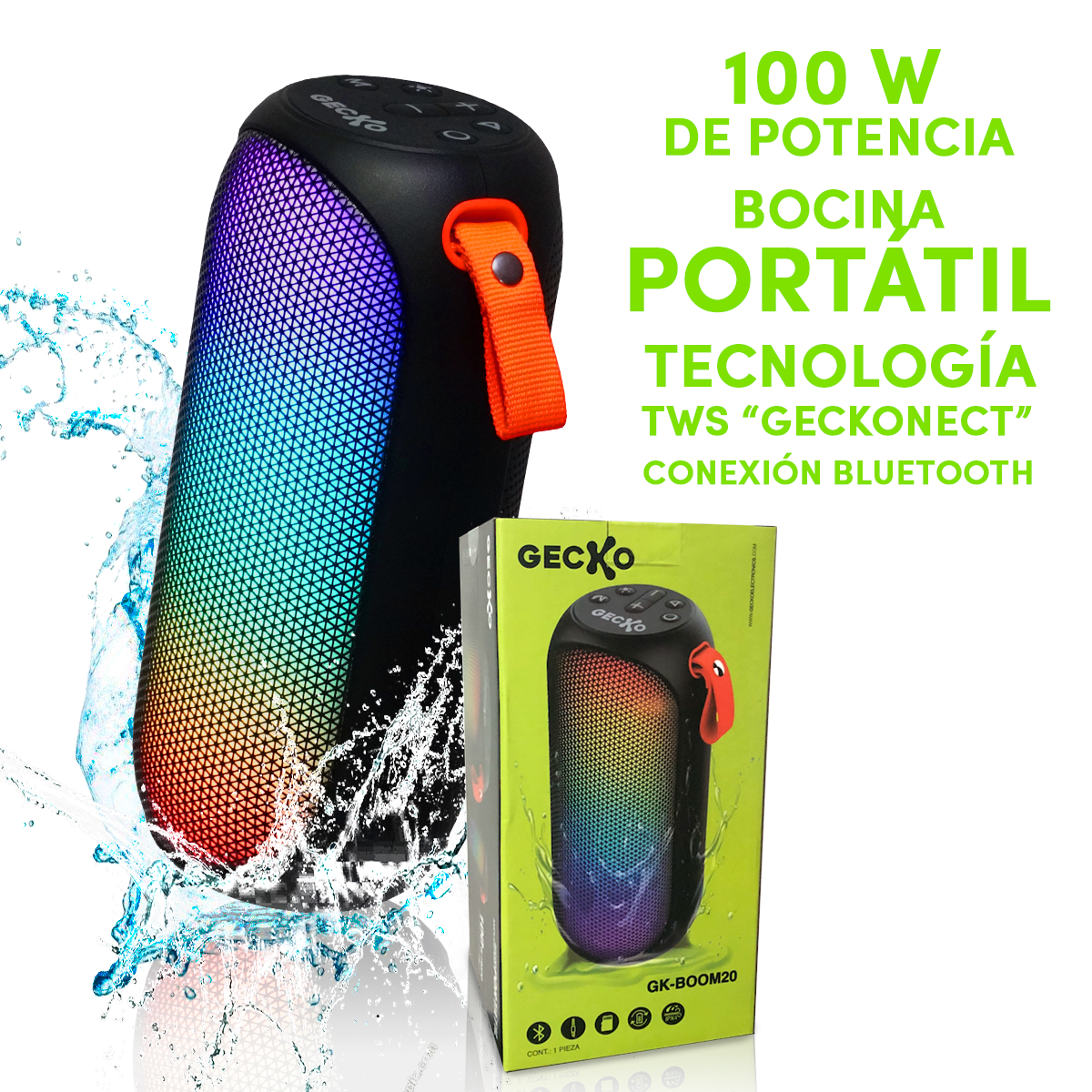 Bocina Waterproof Portatil Gecko20, con Bluetooth, 100 Watts.