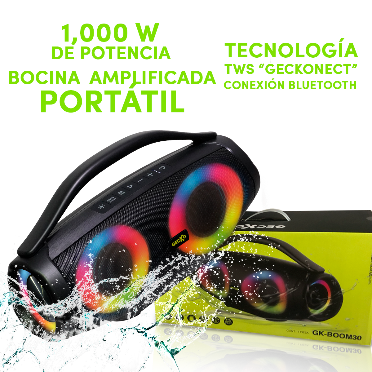 Bocina Waterproof Portátil Gecko, Subwoofer De Alta Potencia