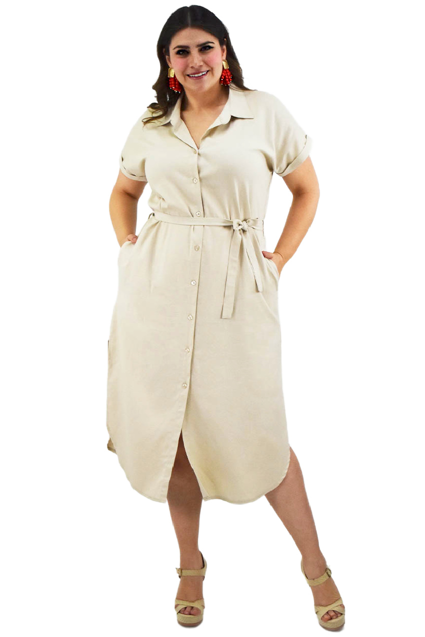 Vestido camisero de lino Roman Fashion /Tallas Extras, 2107 (Beige)