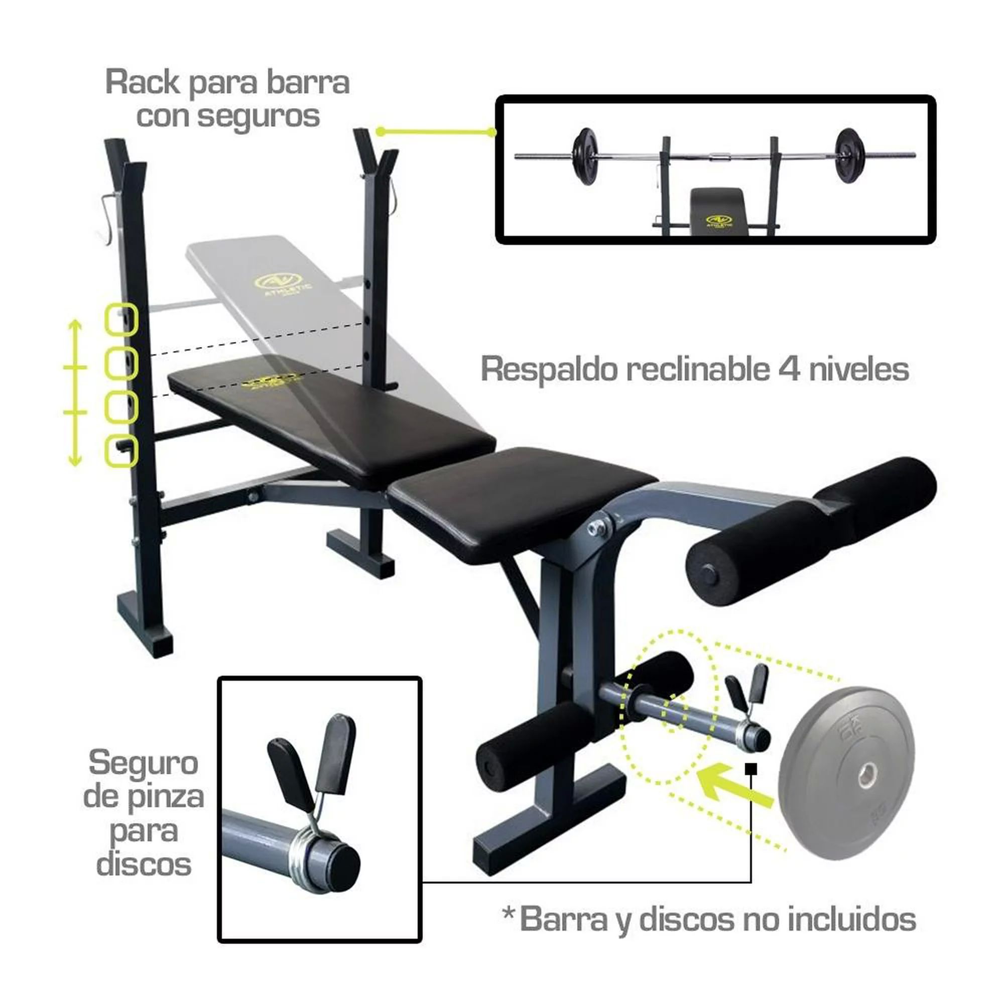 Banco de ejercicio  para pesas reclinable con rack Athletic Works WMW-2110