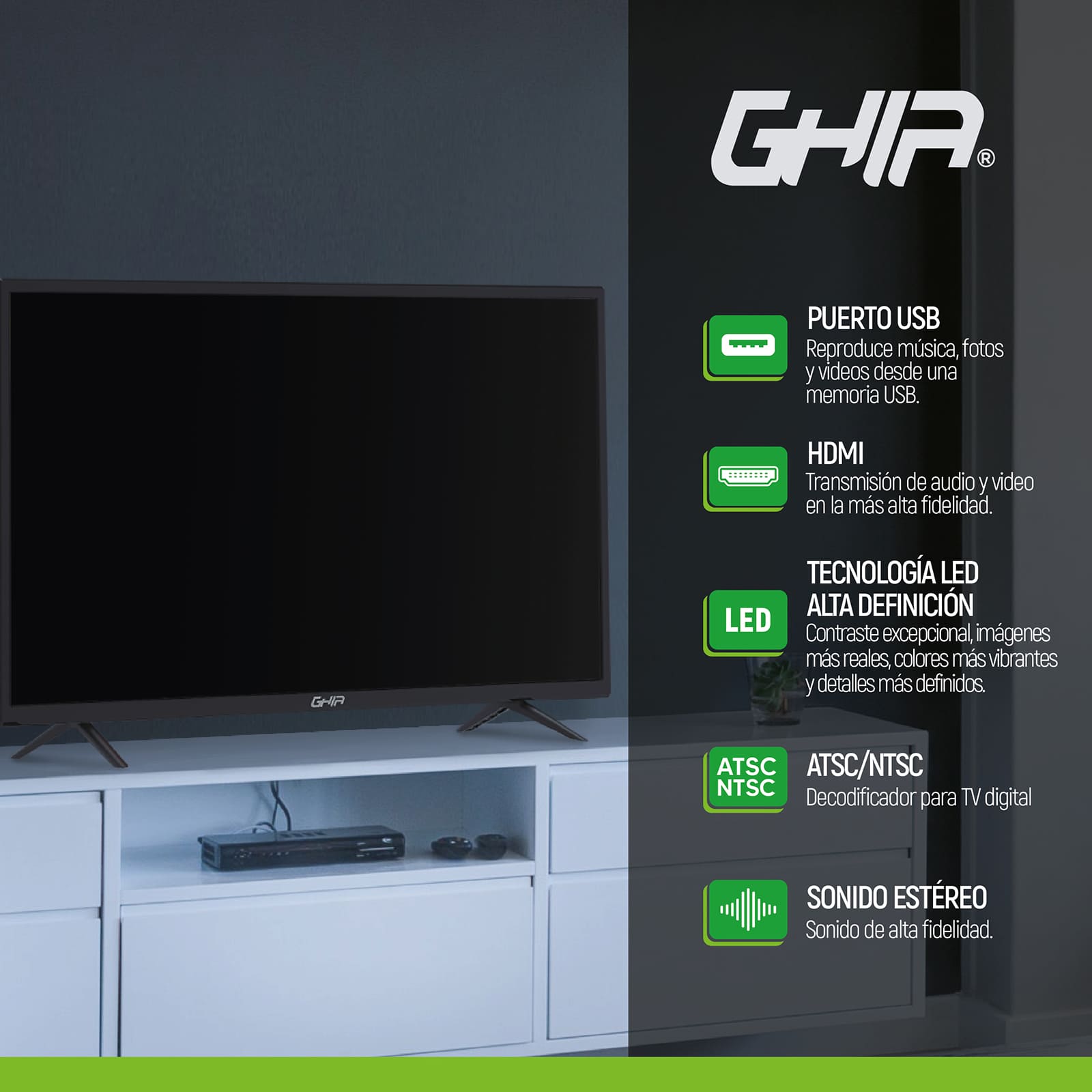 Televisión de 32'' Ghia Orizzonte G32BHD22, HD, Básica.