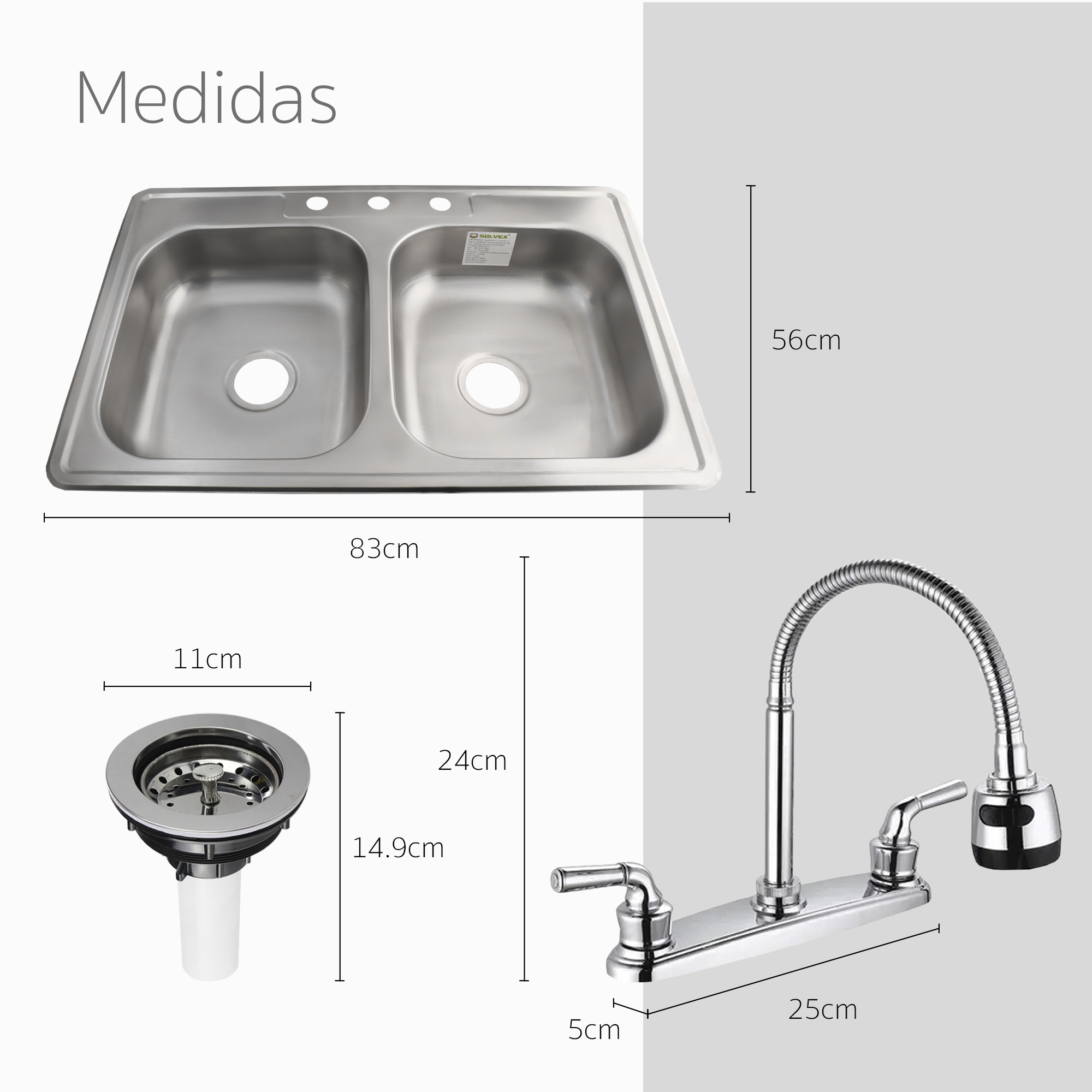 Kit Fregadero Tarja con Tina Doble Empotrable de Acero Inoxidable 83x56 .