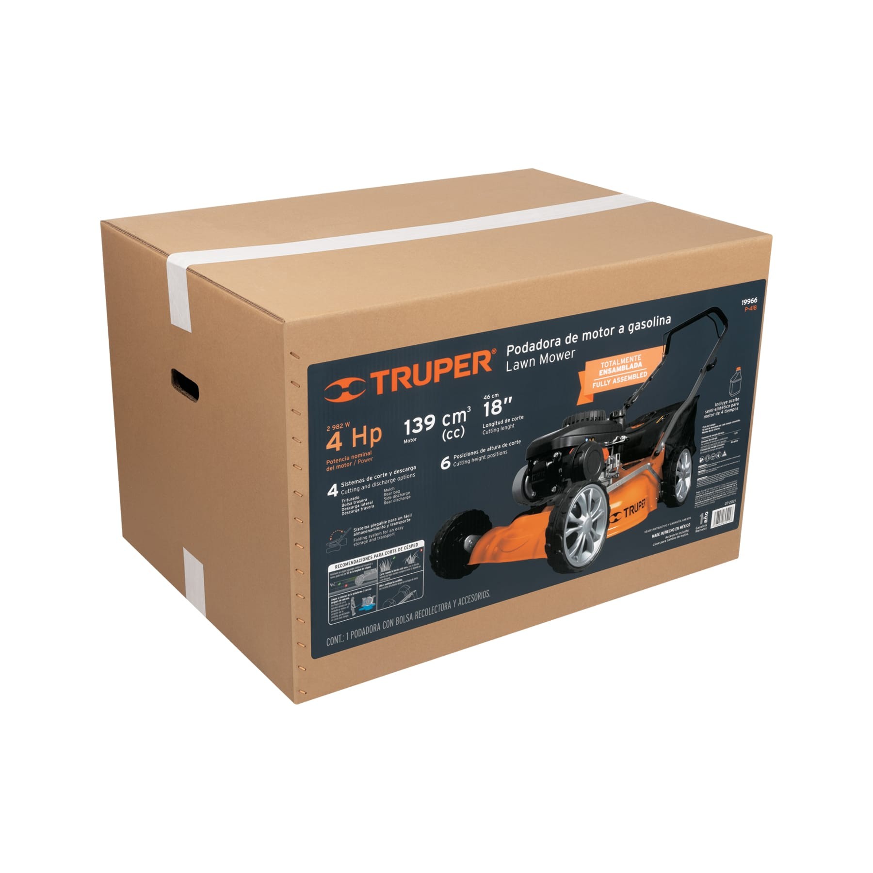 PODADORA CON MOTOR A GASOLINA DE 4 HP, 18" DE CORTE, TRUPER 19966