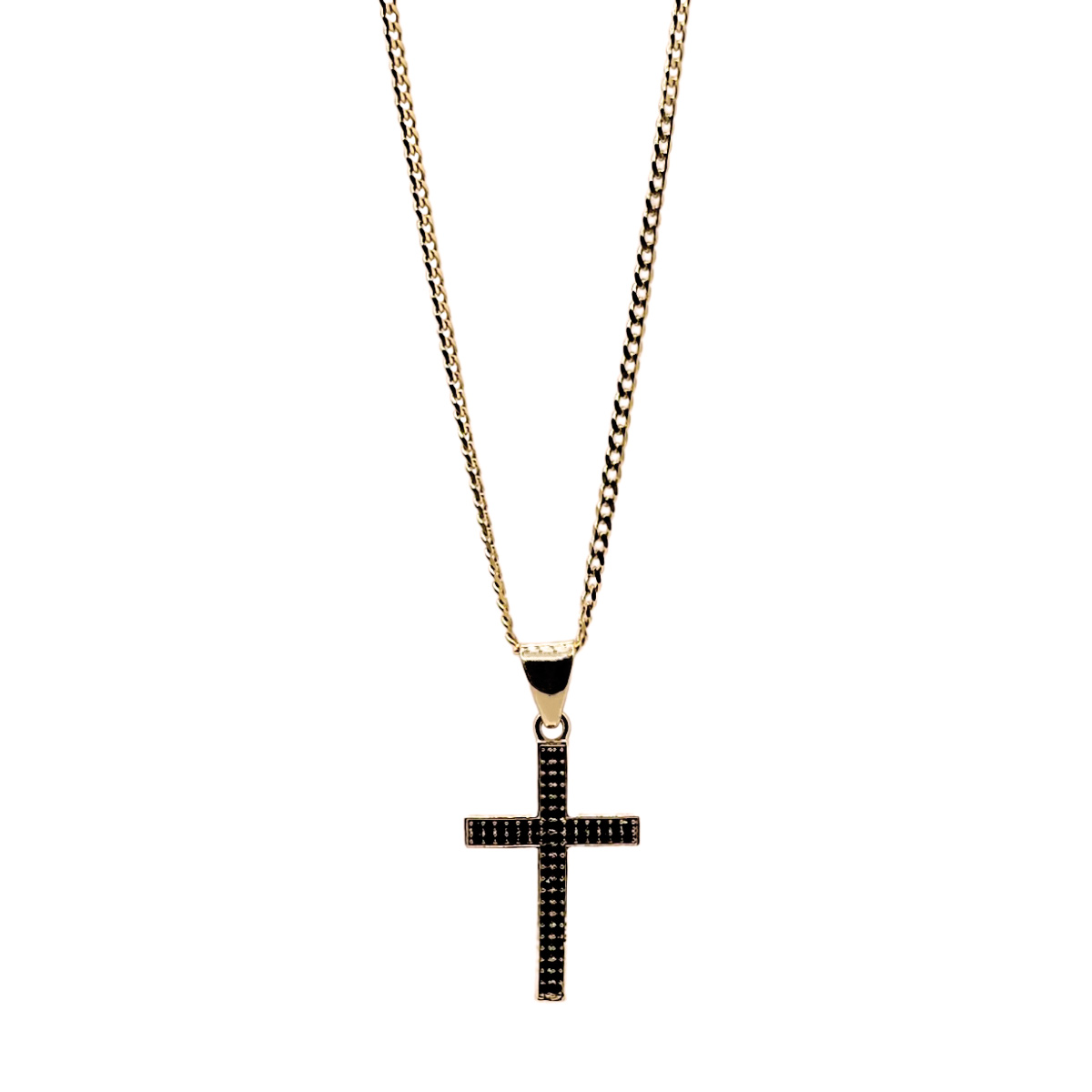 Collar Hombre Oro 10k cadena barbada y cruz negra.