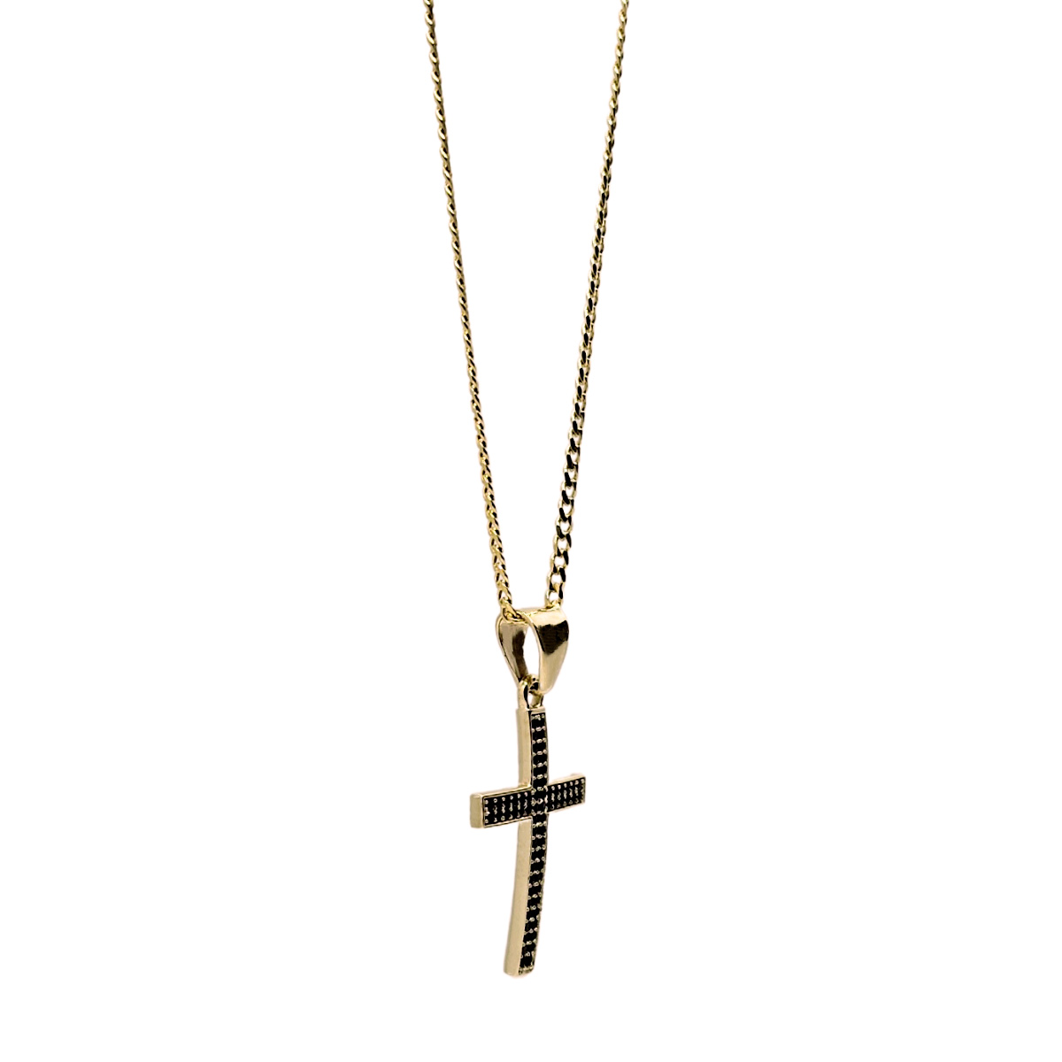 Collar Hombre Oro 10k cadena barbada y cruz negra.