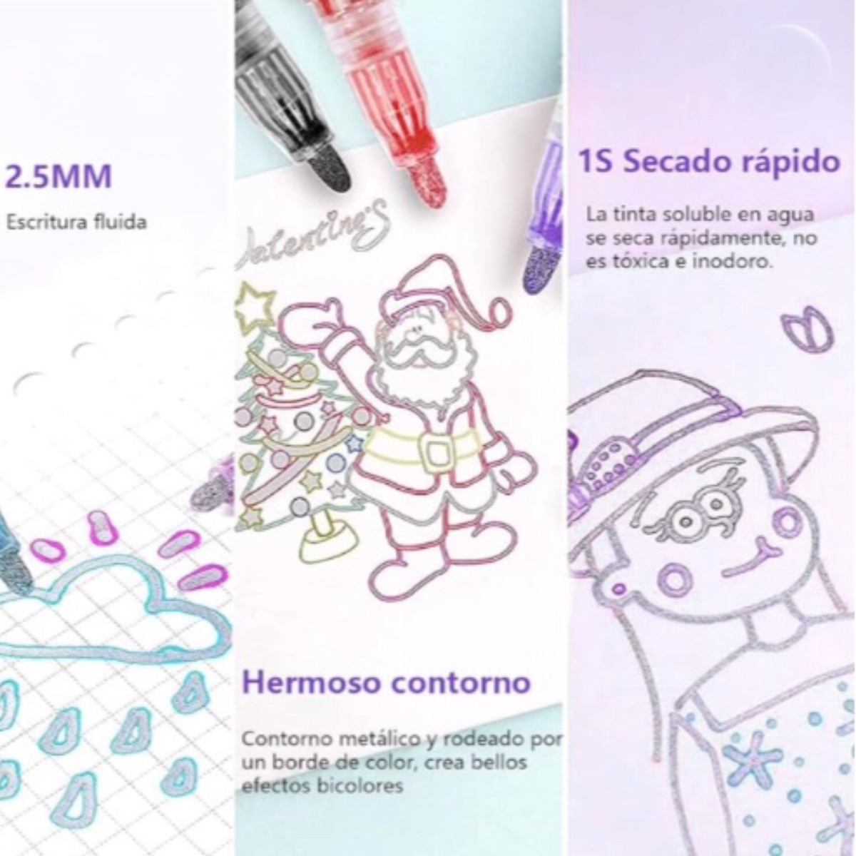 Plumón Doble Linea Metalico Con Contorno 8pz