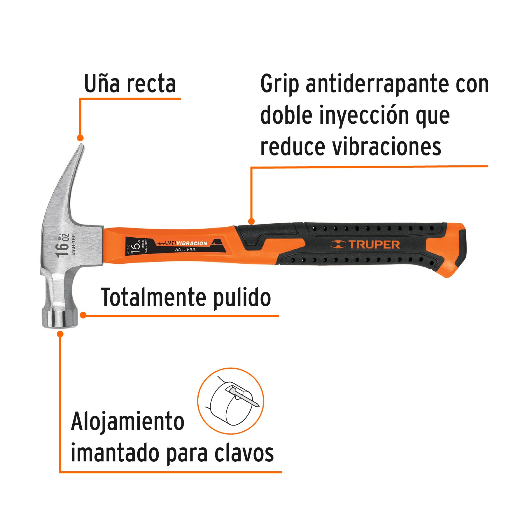 MARTILLO 16 OZ UÑA RECTA, MANGO FIBRA DE VIDRIO, TRUPER 19997