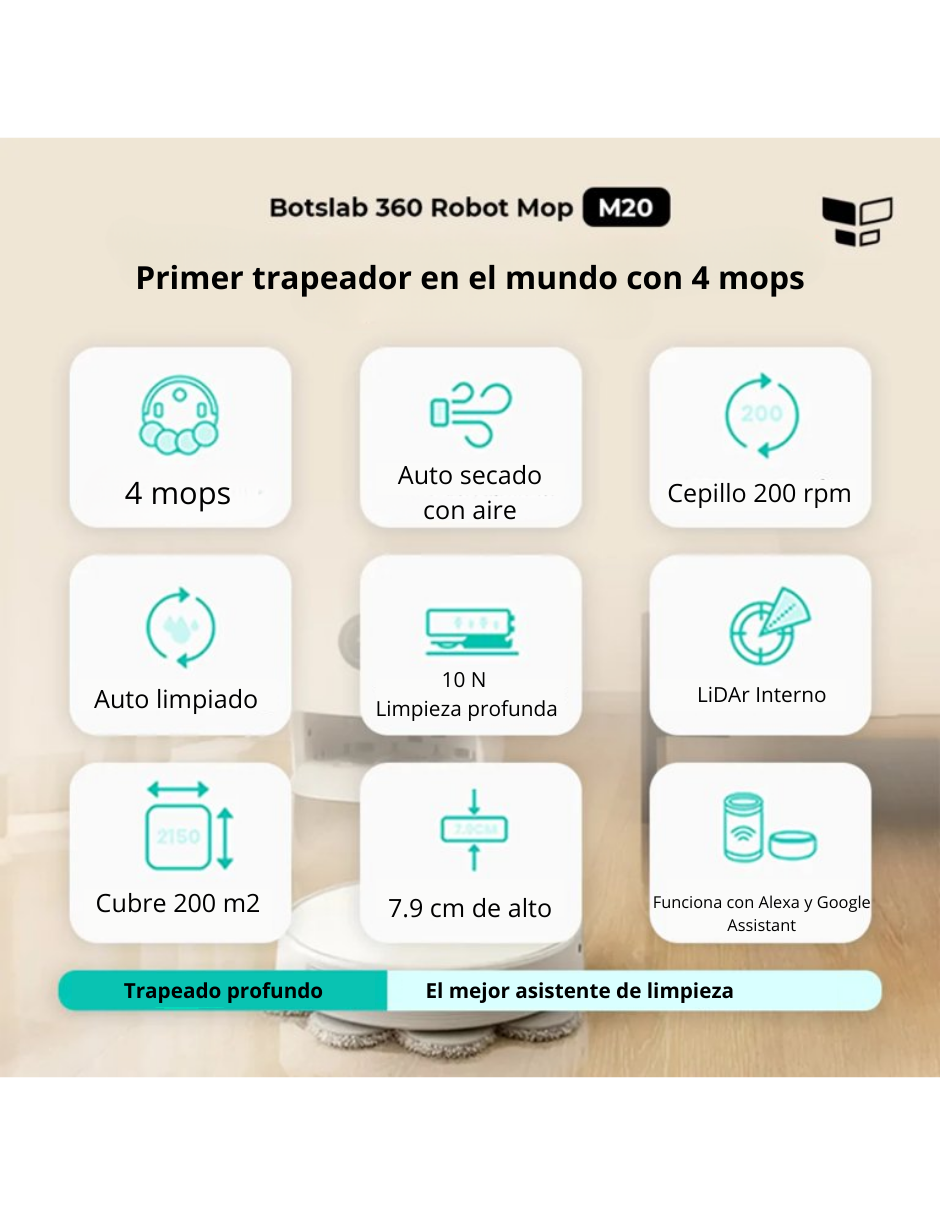 Robot Trapeador Inteligente M20 | Trapea profundamemte con Autocarga.