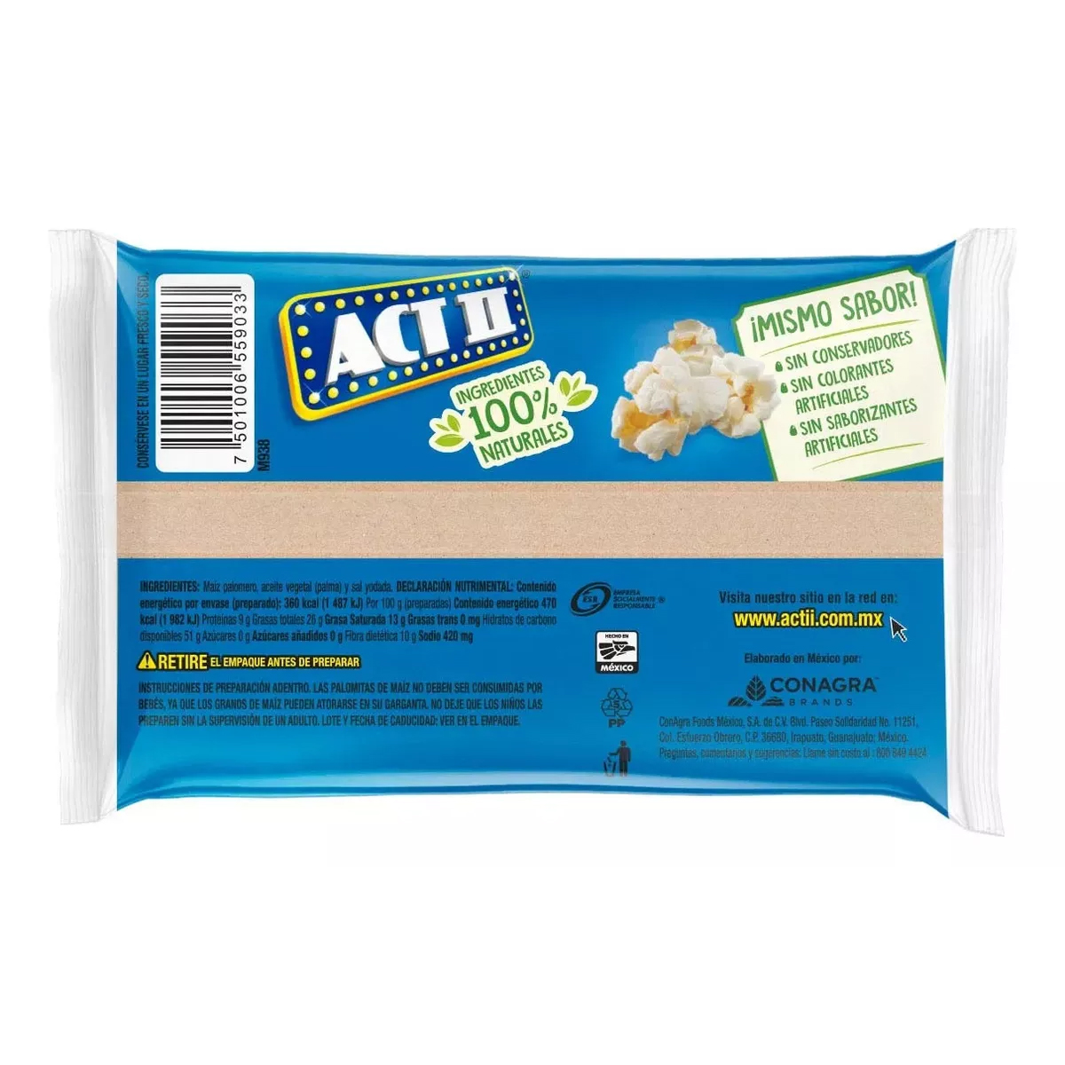 Palomitas Act II Natural Paquete con 8 Piezas de 87 gramos c/u