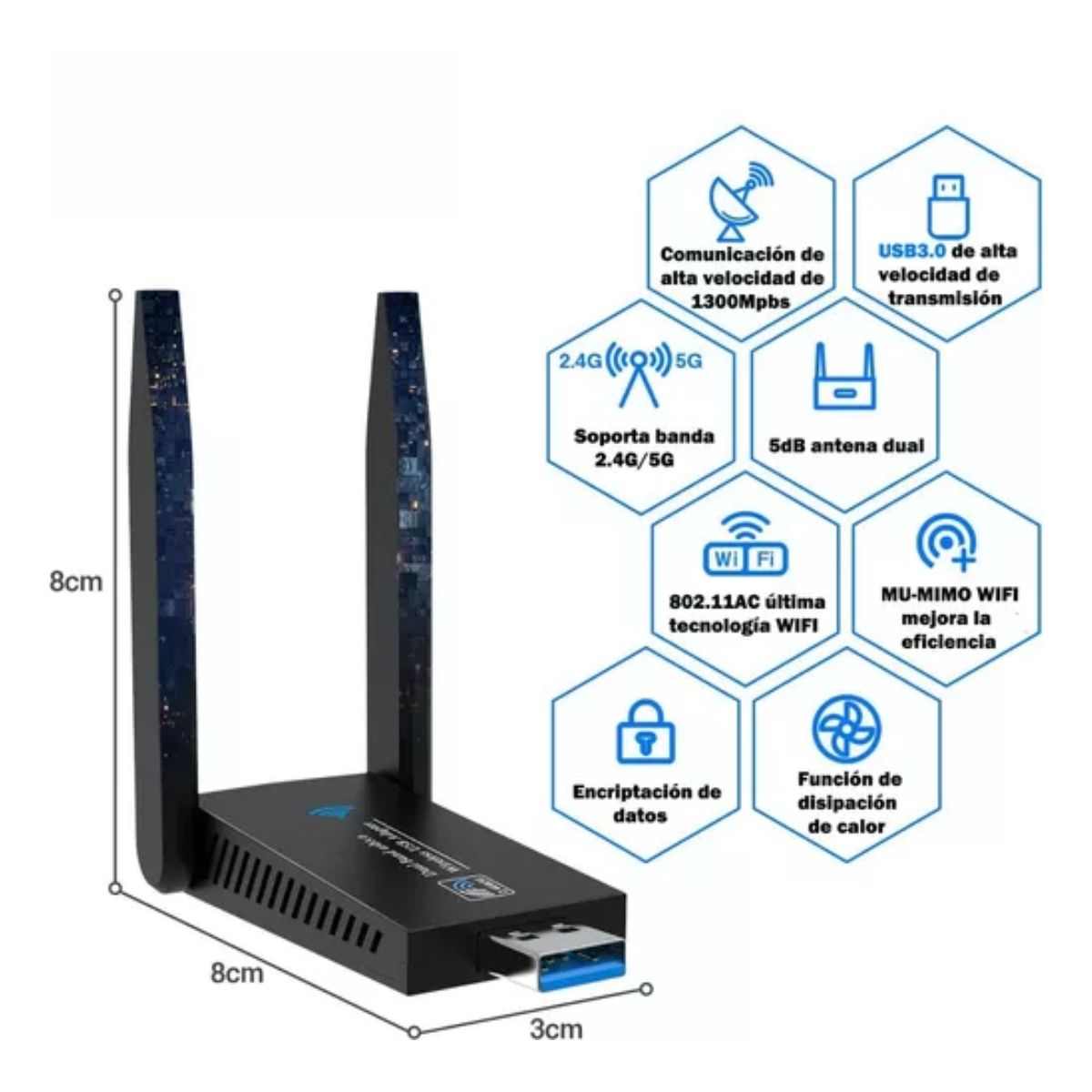Adaptador Wifi Usb 3 0 De Banda Dual Para Pc 1300mbps 5ghz negro