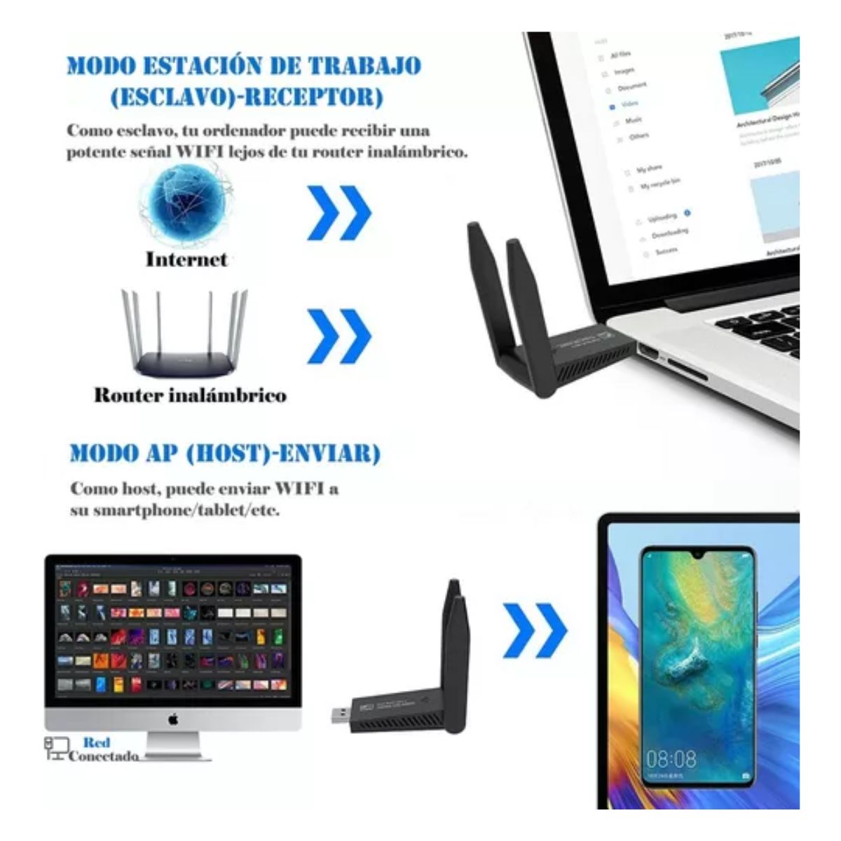 Adaptador Wifi Usb 3 0 De Banda Dual Para Pc 1300mbps 5ghz negro