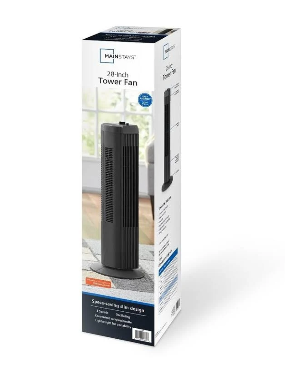 Mainstays Ventilador de torre oscilante de 3 velocidades de 28 pulgadas, negro