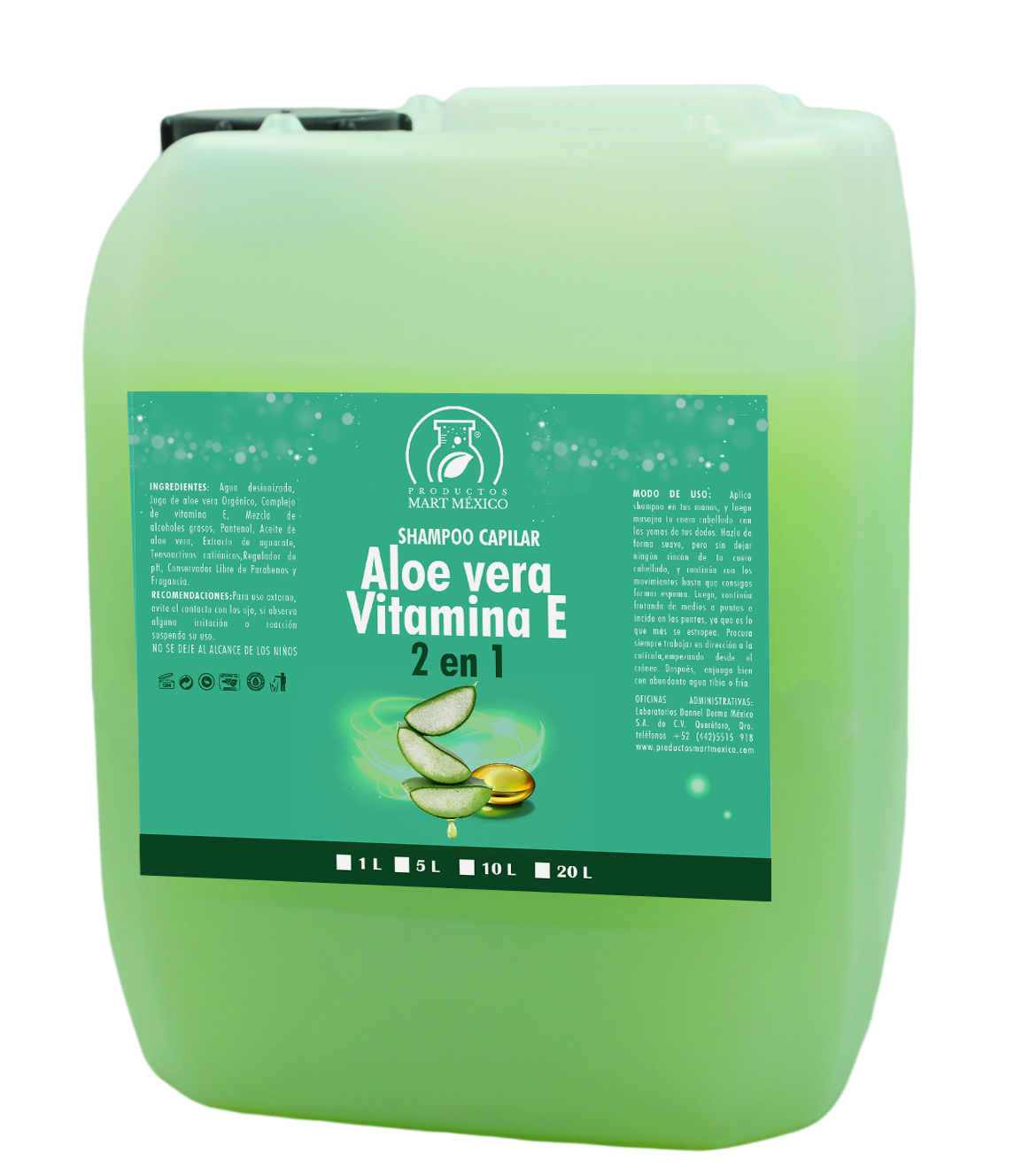 Shampoo Capilar Aloe Vera Con Vitamina E 2 en 1  (5 litros)