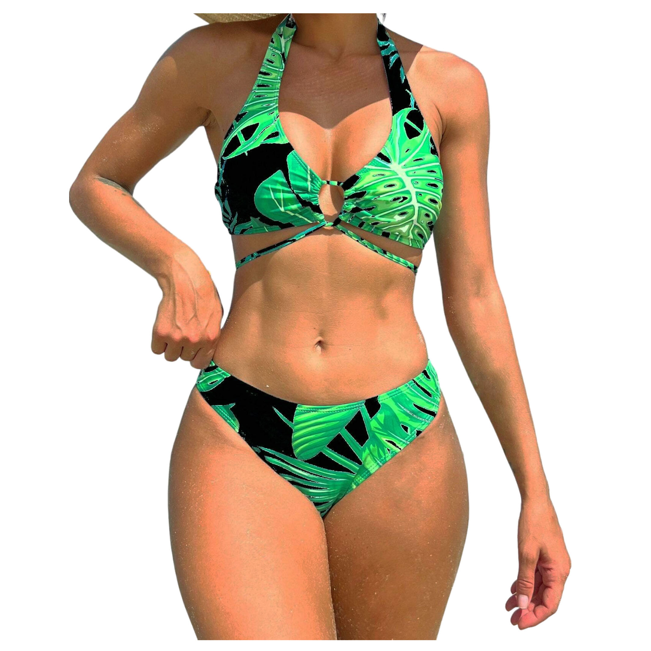 Traje de Baño Bikini 3 piezas con Pantalones Estampado Tropical