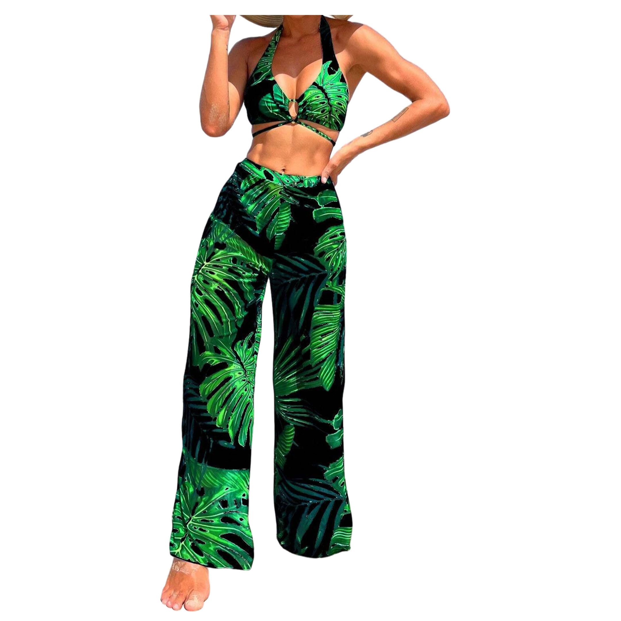 Traje de Baño Bikini 3 piezas con Pantalones Estampado Tropical