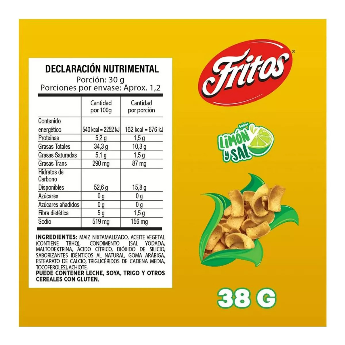Sabritas Fritos Sal Y Limón 12 Piezas de 38 gramos c/u