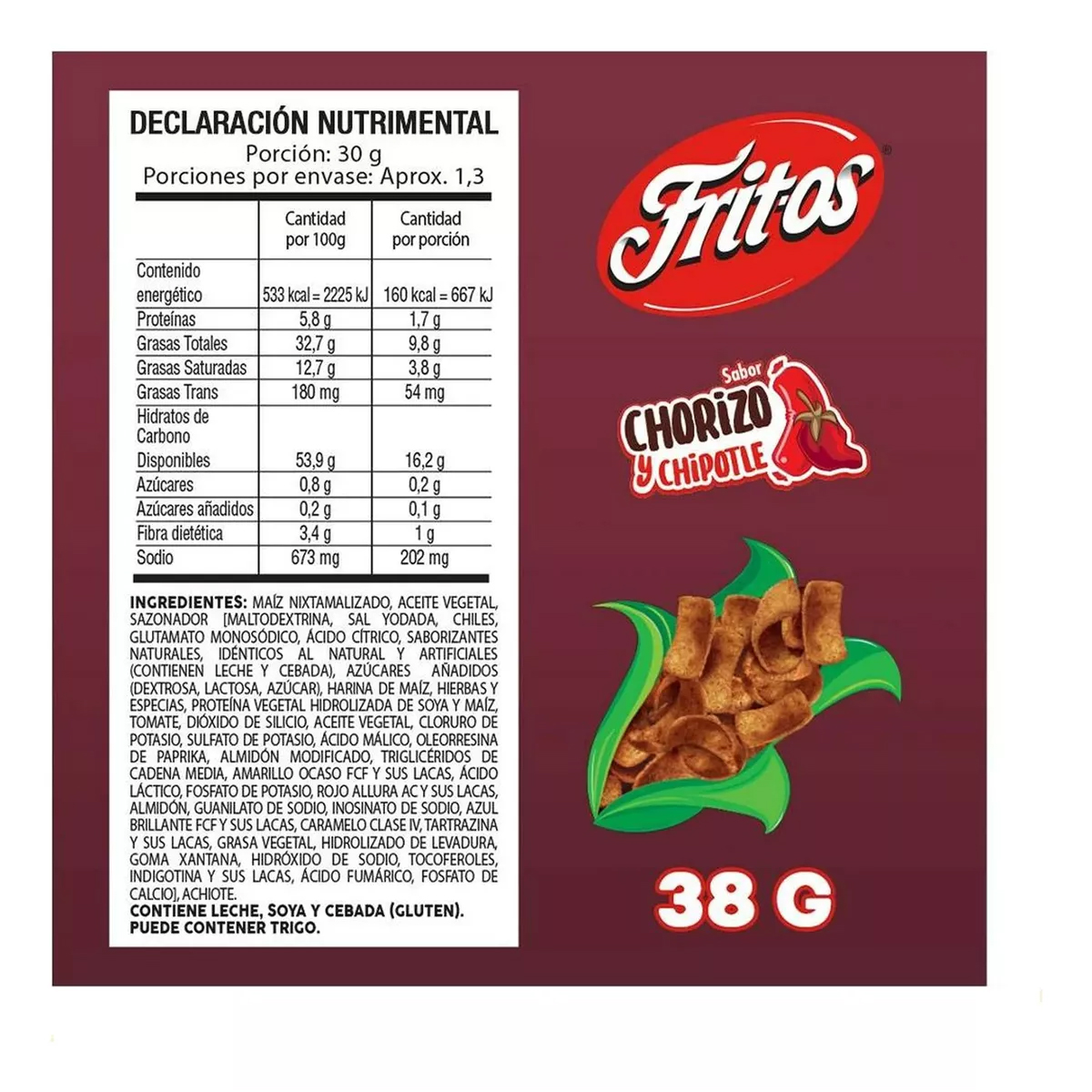 Sabritas Fritos Chorizo Y Chipotle 18 Piezas De 38 gramos c/u
