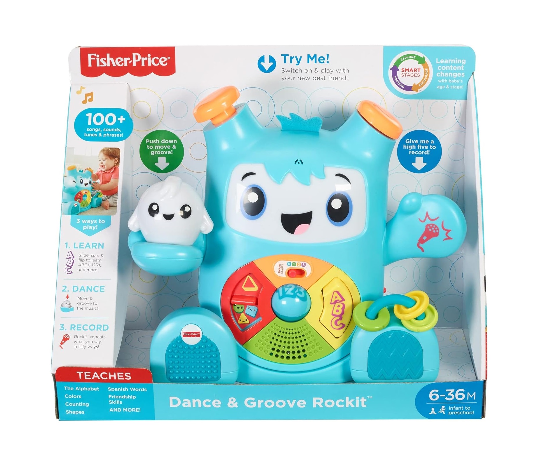 Fisher Price Rocki ¡Aprende, Baila y Graba! Más de 100 Canciones, Sonido, Melodias y Frases 6-36M