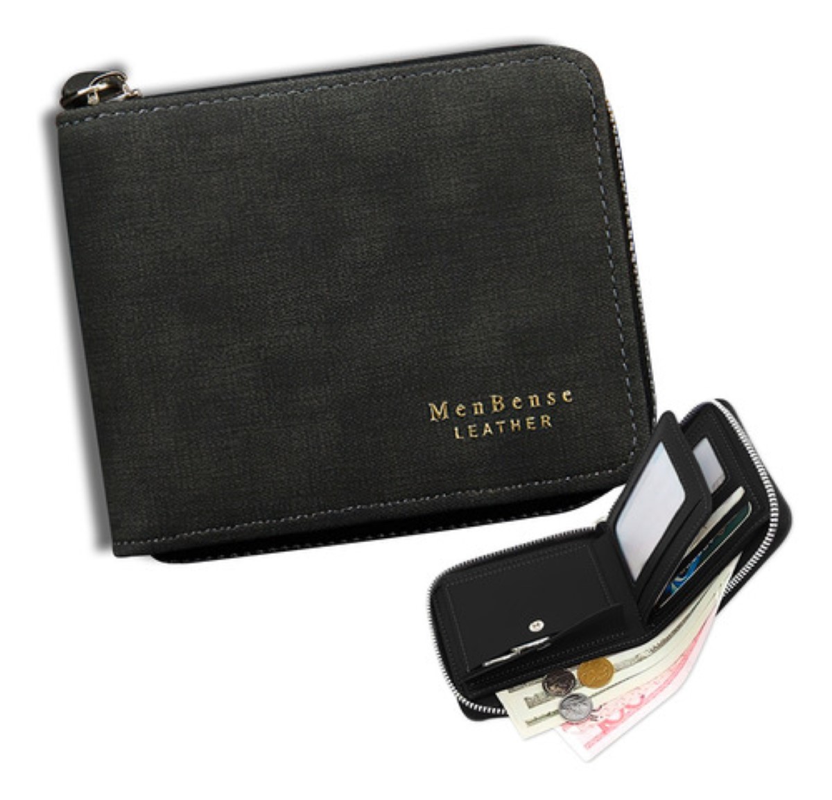 Cartera De Cuero Mate Con Monedero Cierre Para Hombre Negro