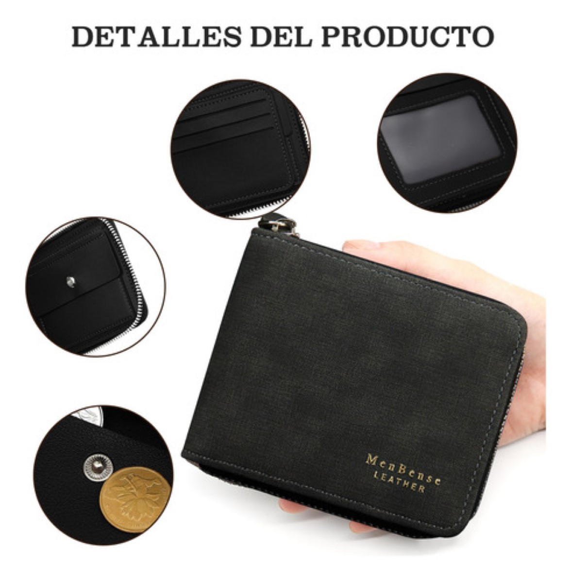 Cartera De Cuero Mate Con Monedero Cierre Para Hombre Negro