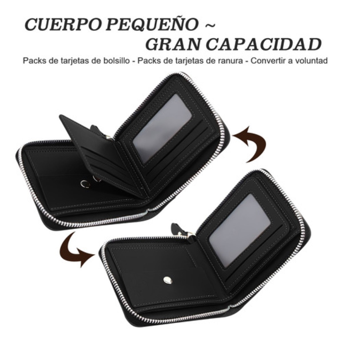 Cartera De Cuero Mate Con Monedero Cierre Para Hombre Negro