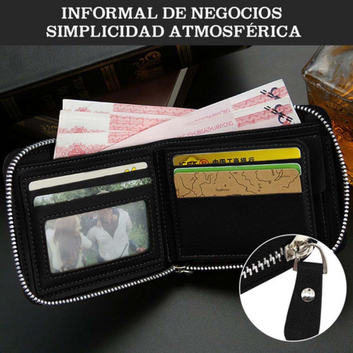 Cartera De Cuero Mate Con Monedero Cierre Para Hombre Negro