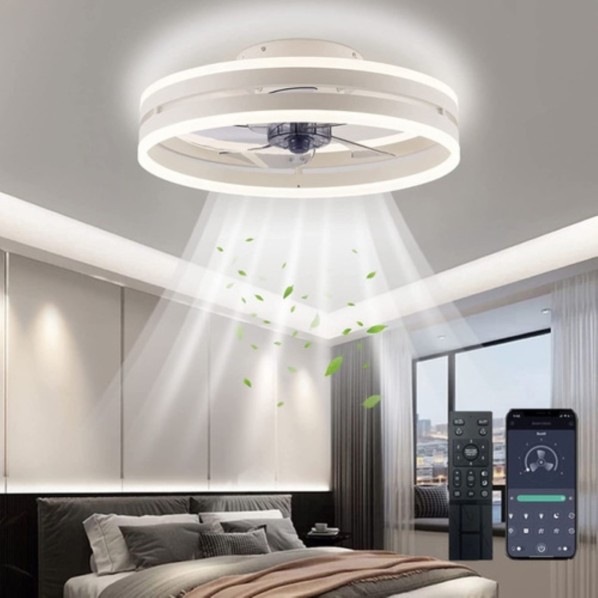 Lampara Ventilador De Techo Con Luz Inteligente Control 50cm Blanco