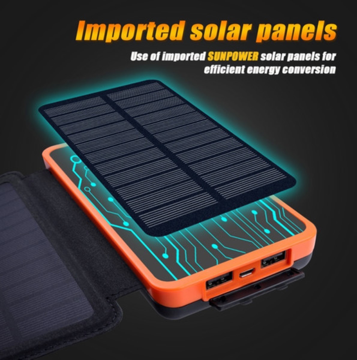 Power Bank Solar Cargador Portátil 26800mah 4 Paneles Solare negro Lineas naranja