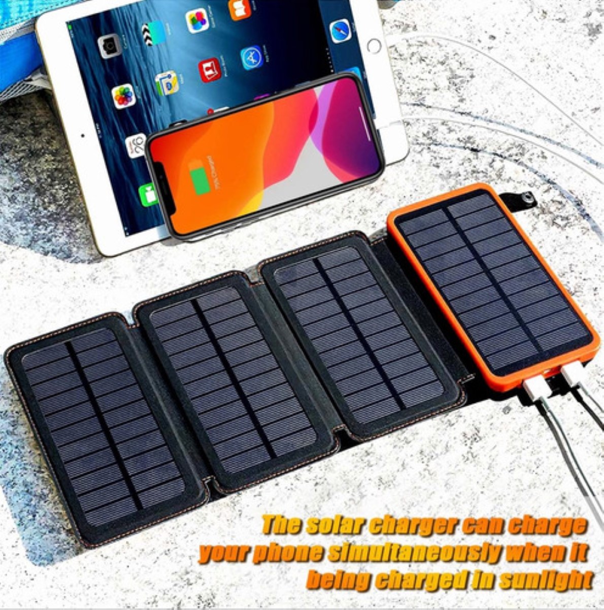 Power Bank Solar Cargador Portátil 26800mah 4 Paneles Solare negro Lineas naranja