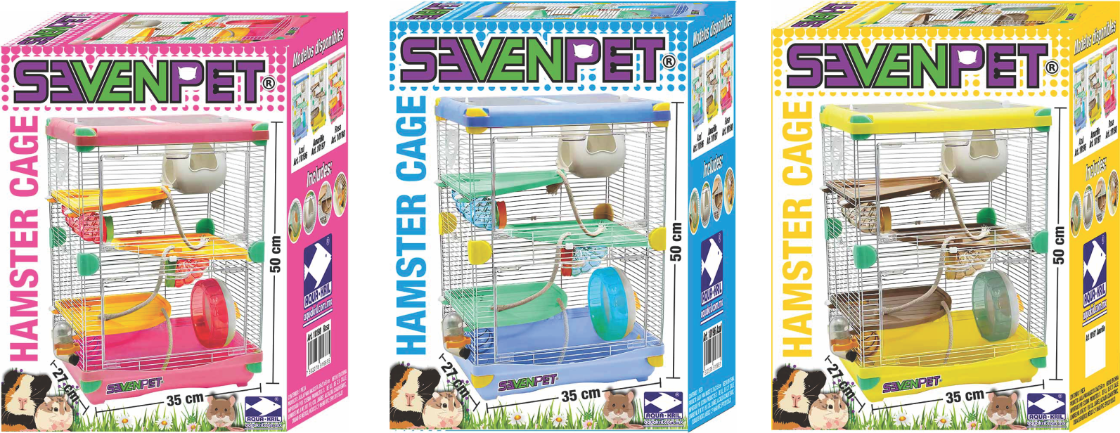 Jaula Casa Hamster Raton Rueda Bebedero 50x35x27cm 3 niveles SEVENPET
