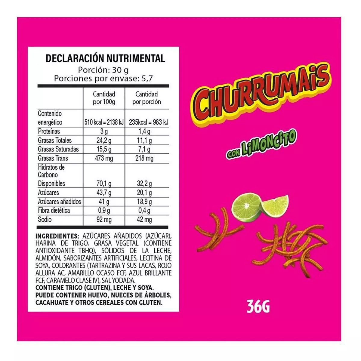 Botana Churrumais Limón Y Chile 16 Piezas de 36 gramos c/u