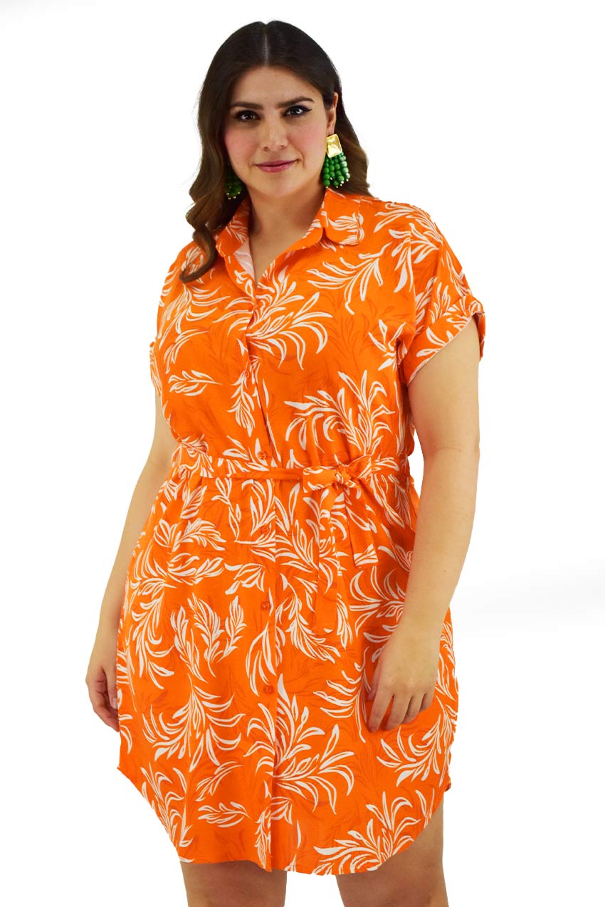 Vestido tropical de lino Roman Fashion /Tallas Extras, 2304 (Naranja) 