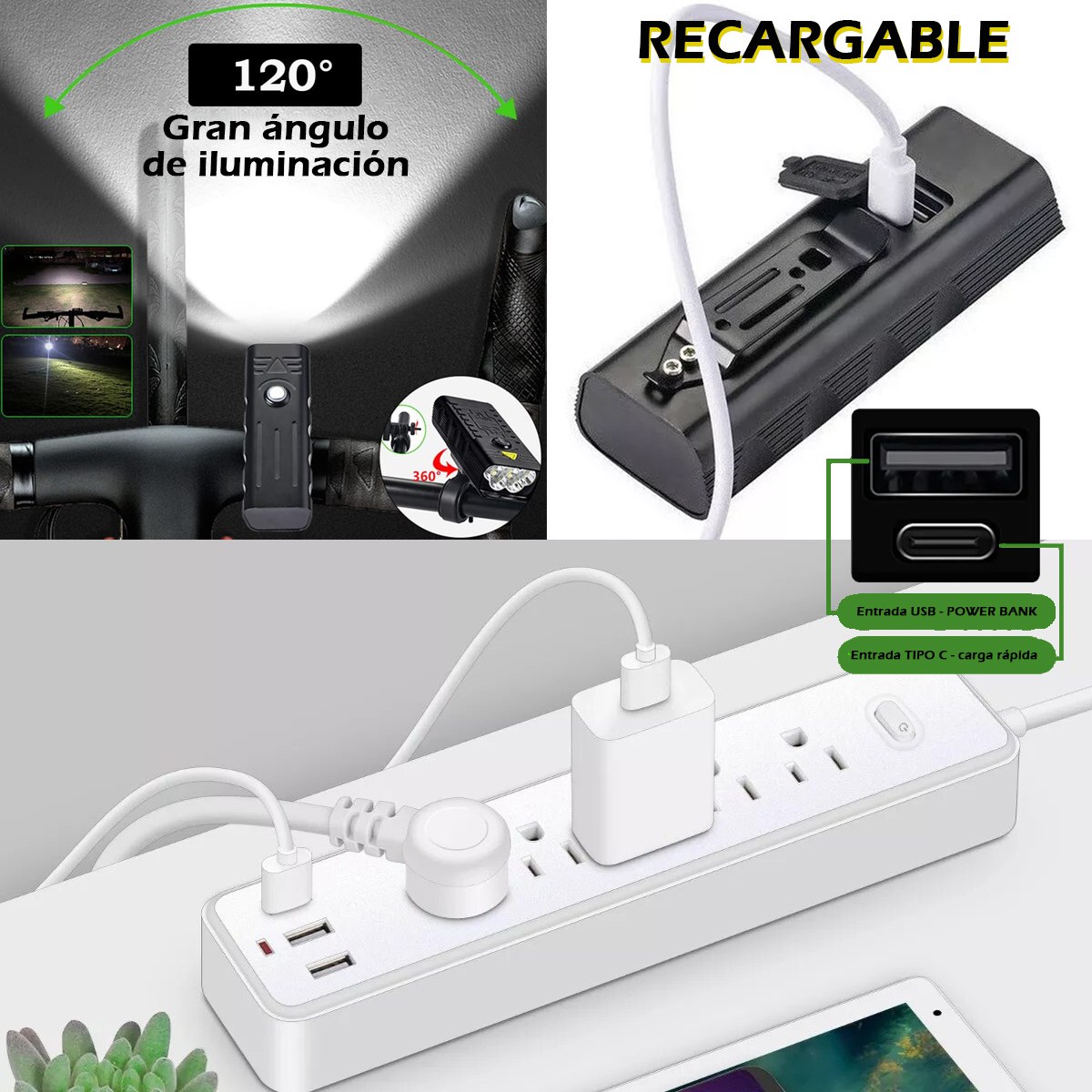 Lámpara Para Bicicleta Bici Moto Luces Casco Usb Batería Recargable 10,000 mAh Powerbank