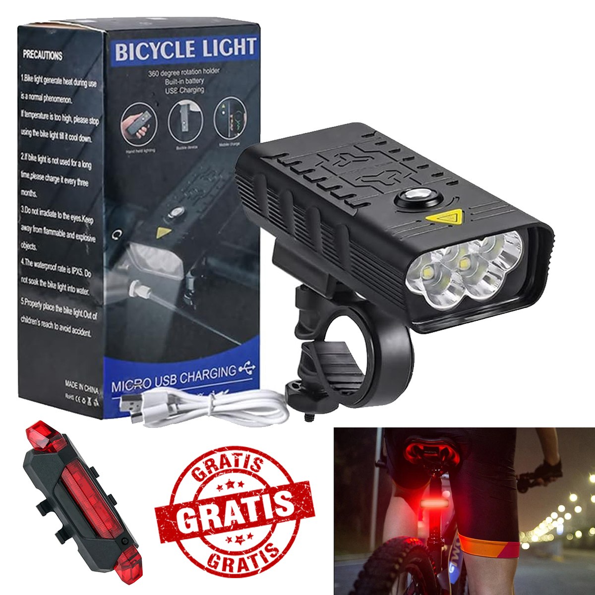 Lámpara Para Bicicleta Bici Moto Luces Casco Usb Batería Recargable 10,000 mAh Powerbank