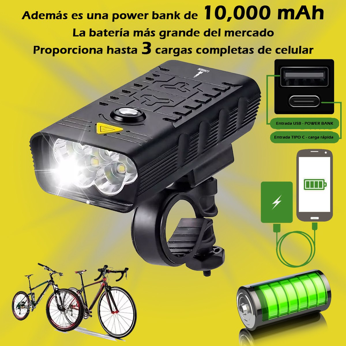 Lámpara Para Bicicleta Bici Moto Luces Casco Usb Batería Recargable 10,000 mAh Powerbank