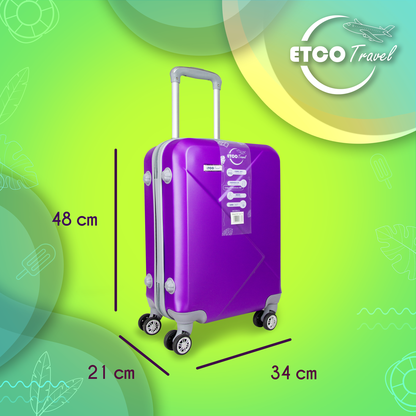 Maleta De Viaje Ligera 19 Pul Etco Travel Equipaje De Mano color Morado Avion Ruedas 360 Barata