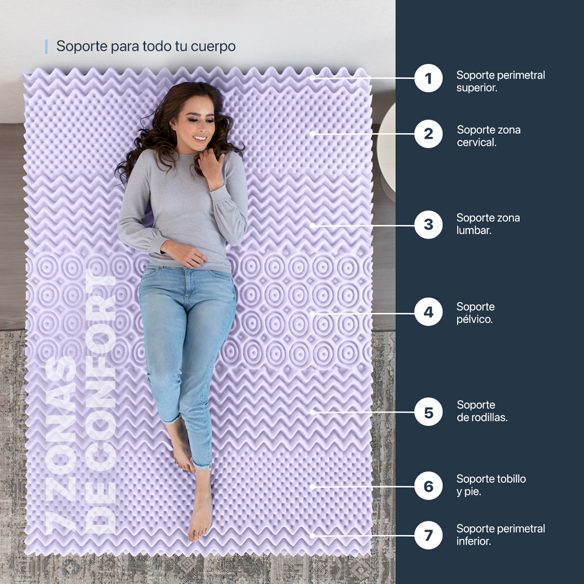 Colchoneta Queen Size de Memory Foam Cubre Colchón Topper con 7 Zonas de Confort Sobrecolchón Lavanda ESQUIMAL.