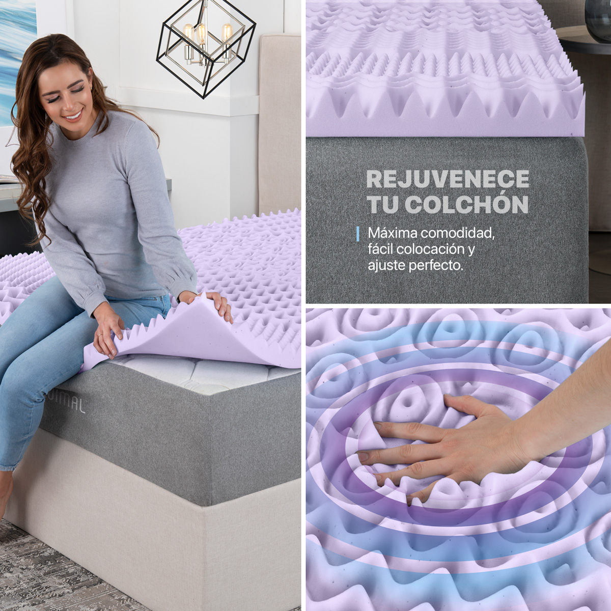 Colchoneta Queen Size de Memory Foam Cubre Colchón Topper con 7 Zonas de Confort Sobrecolchón Lavanda ESQUIMAL.