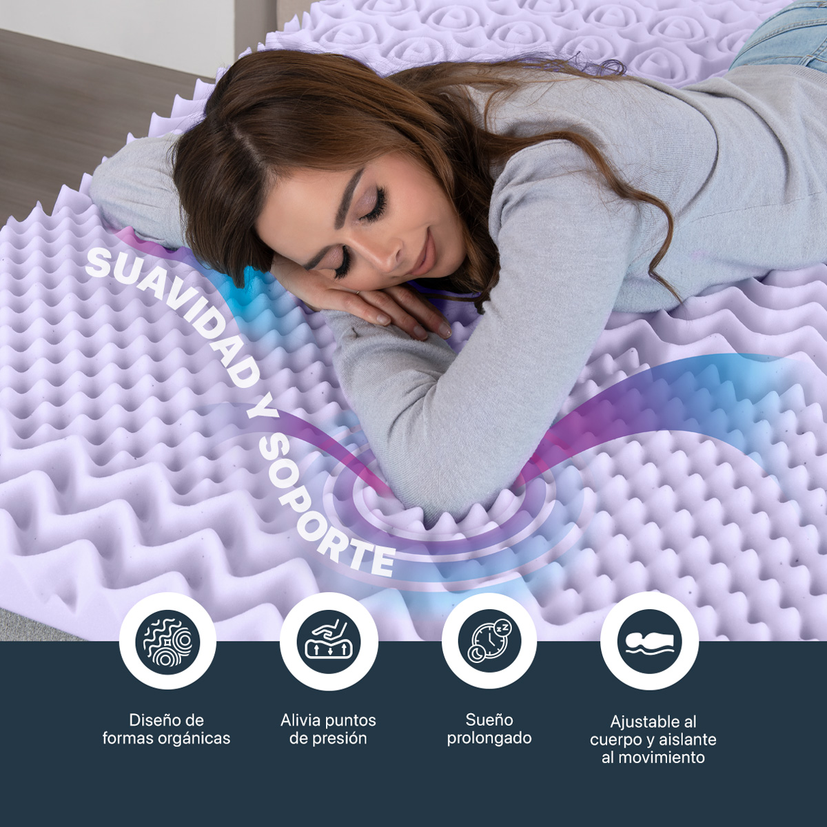 Colchoneta Queen Size de Memory Foam Cubre Colchón Topper con 7 Zonas de Confort Sobrecolchón Lavanda ESQUIMAL.
