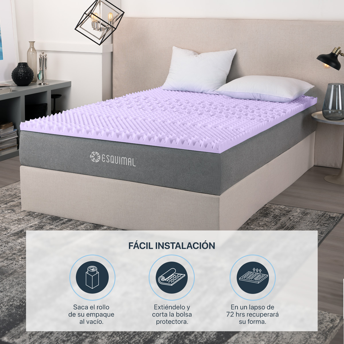 Colchoneta Queen Size de Memory Foam Cubre Colchón Topper con 7 Zonas de Confort Sobrecolchón Lavanda ESQUIMAL.