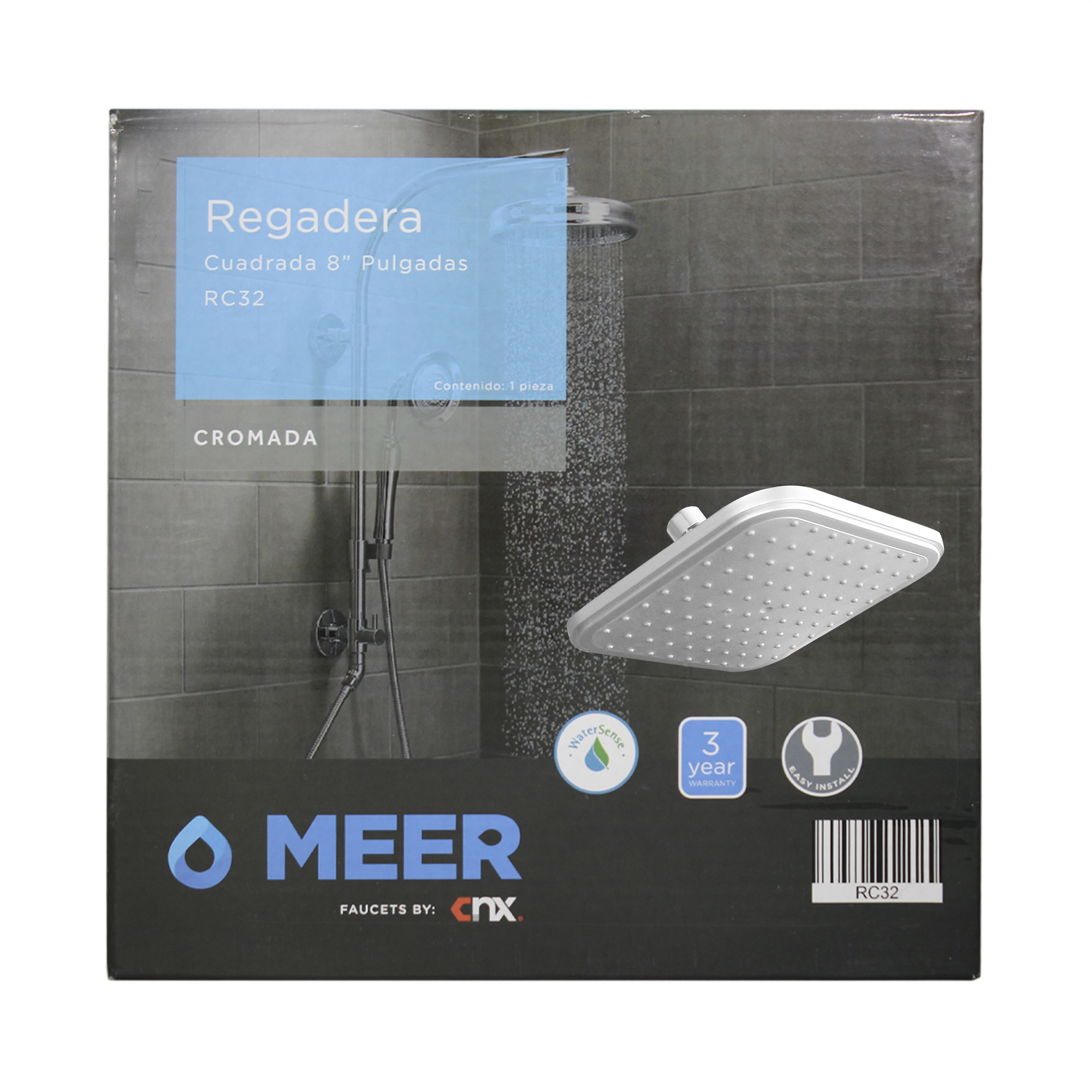 MEER Faucets by CNX | Cabezal de Ducha de Lluvia, Regadera Cuadrada de ABS Cromado 20 cm x 20 cm (8")