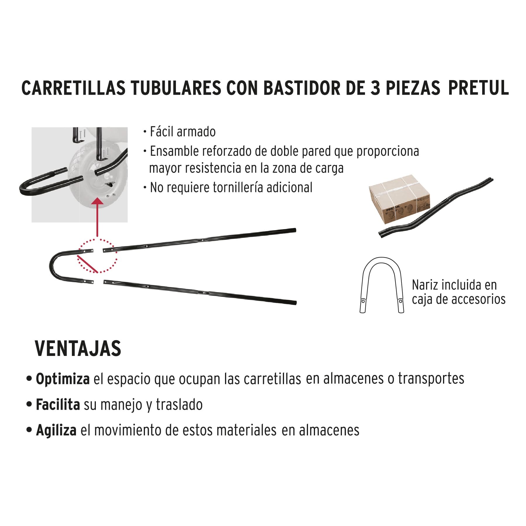 CARRETILLA 4.5 FT3 ROJA NEUMÁTICA, BASTIDOR TUBULAR, PRETUL 20628