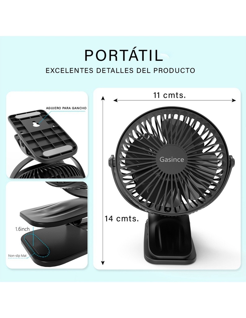 Ventilador Abanico Portátil color Blanco con clip 11 cms de ancho x 14 cms de Altura con Motor para 18000 horas USB-VE-40125