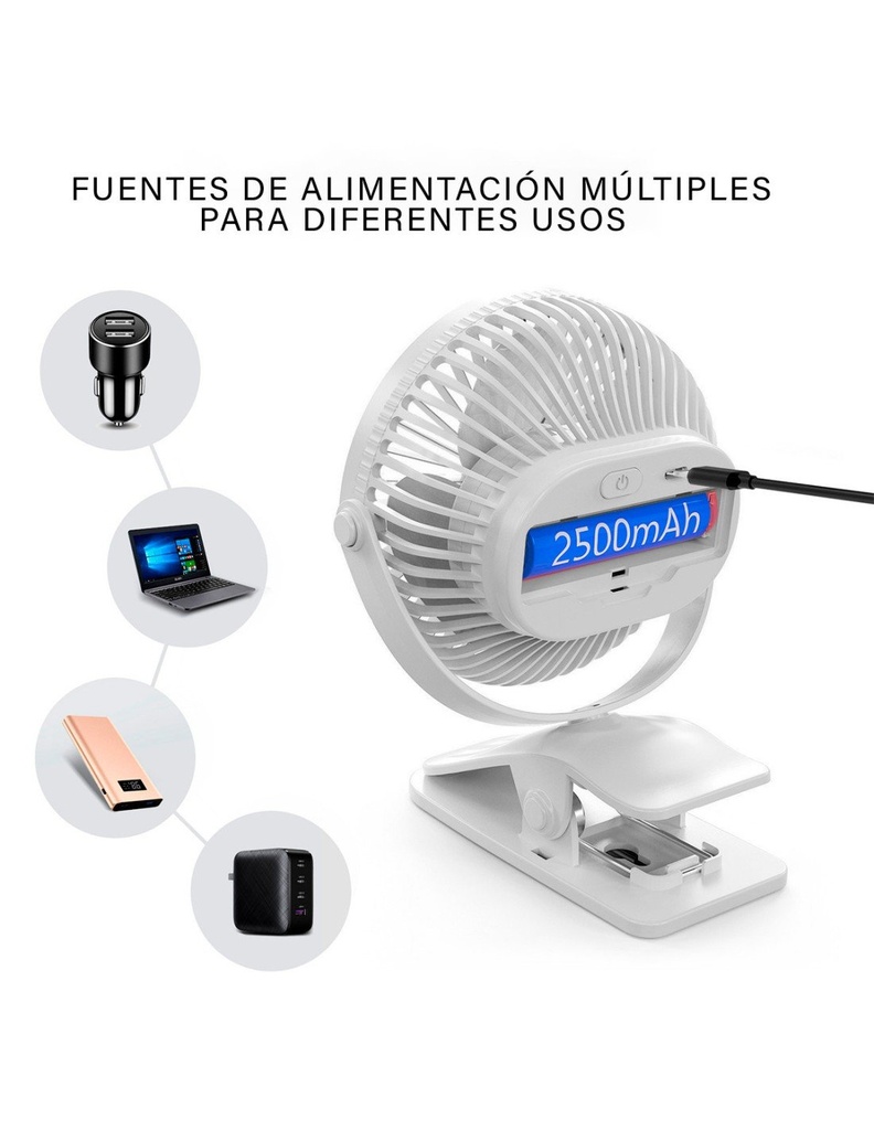 Ventilador Abanico Portátil color Blanco con clip 11 cms de ancho x 14 cms de Altura con Motor para 18000 horas USB-VE-40125
