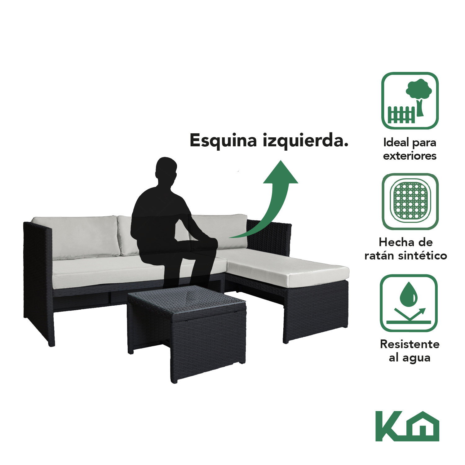 Sala Exterior Esquinera Izquierda Mueble Jardín Ratan Sofa Gris claro/Negro