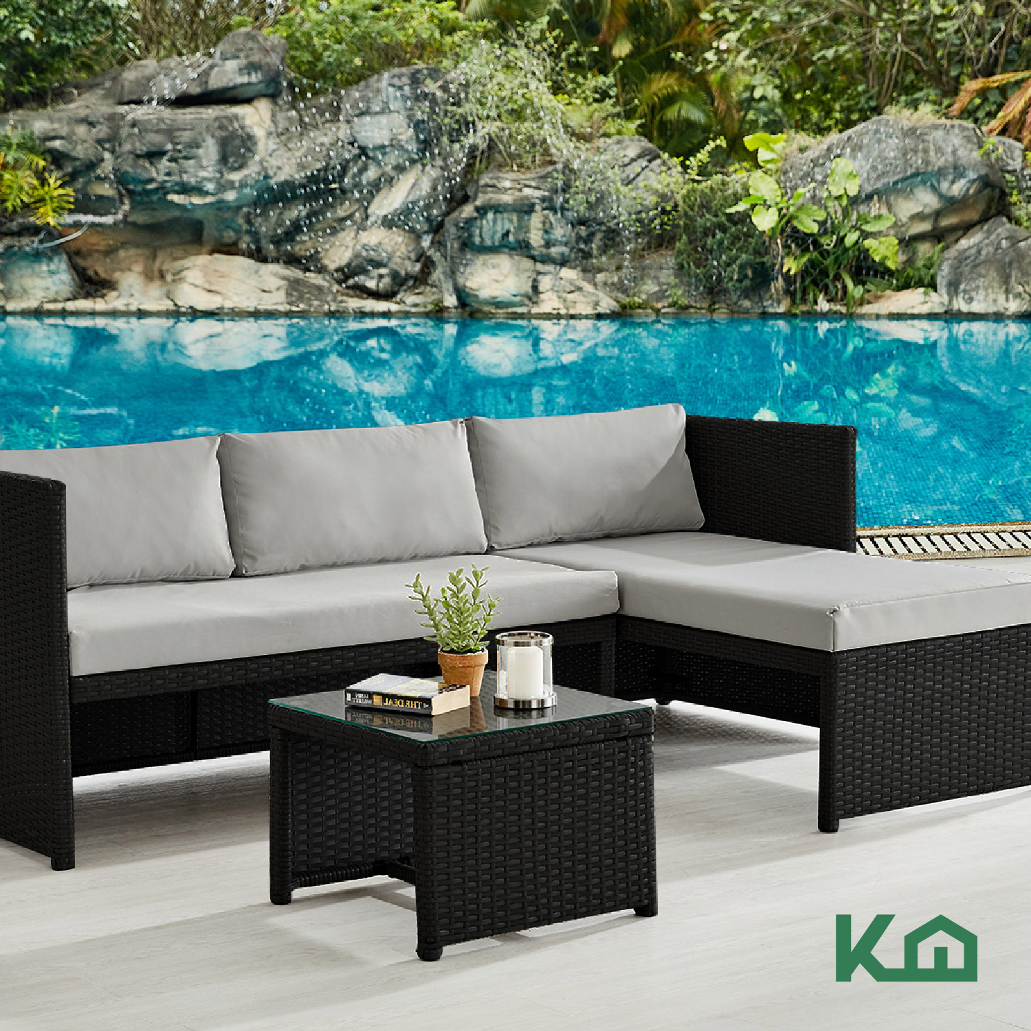 Sala Exterior Esquinera Izquierda Mueble Jardín Ratan Sofa Gris claro/Negro